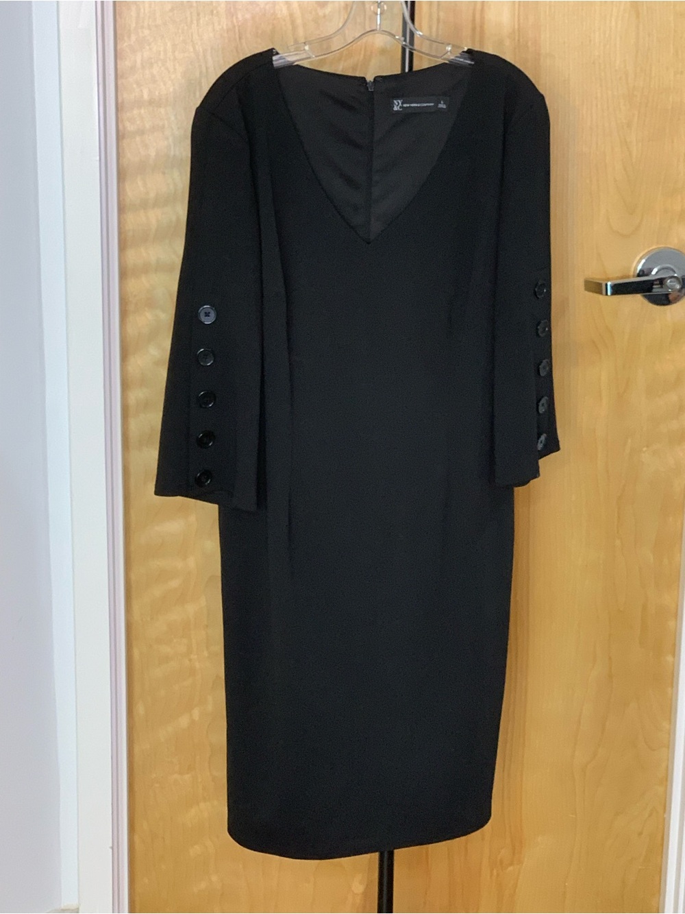 NY&CO Black V-Neck Midi Dress with Button-Sleeve Detail - Size Large LINED